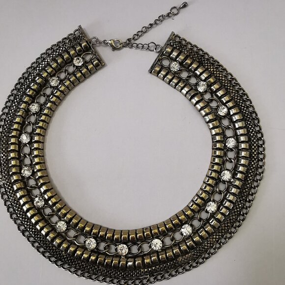 Wide Chain& Rhinestone Cleopatra Collar Necklace Bib Collar 5 Rows - Picture 3 of 10